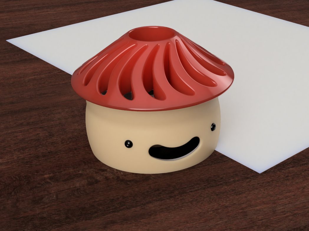 CAD render of the desk tidy, a rounded body with a face under a vented conical hat