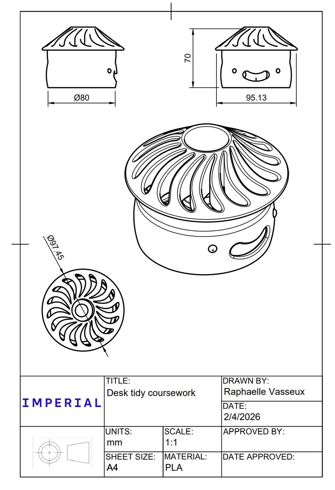 A4 engineering drawing of the desk tidy with front, side and isometric views, overall height 70 mm and hat diameter 97.45 mm
