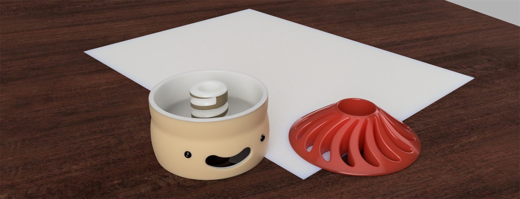 CAD render of the desk tidy opened up, the body with its central winding column beside the separate vented hat