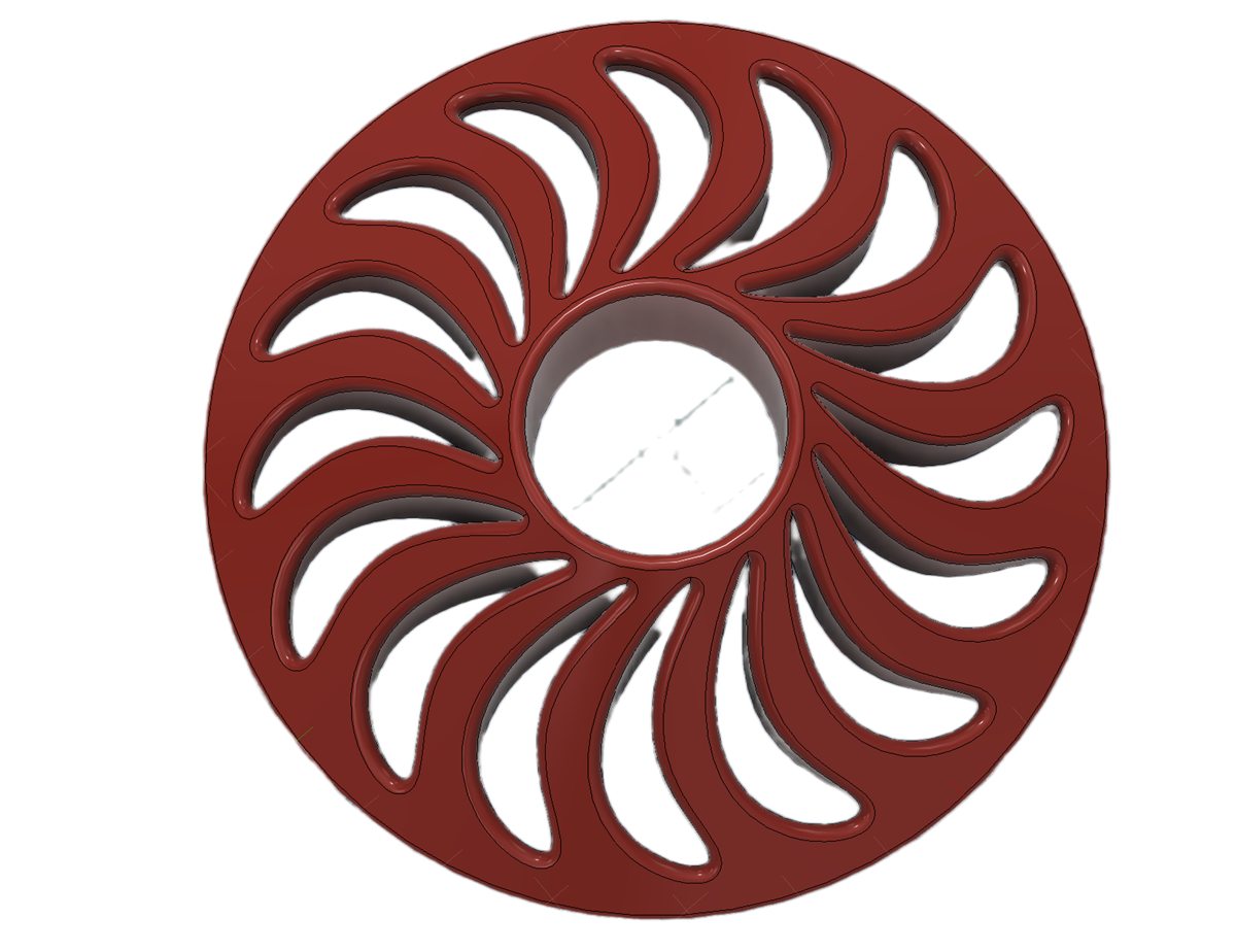 Top view of the finished hat, the curved cut-outs sweeping out from the central hole