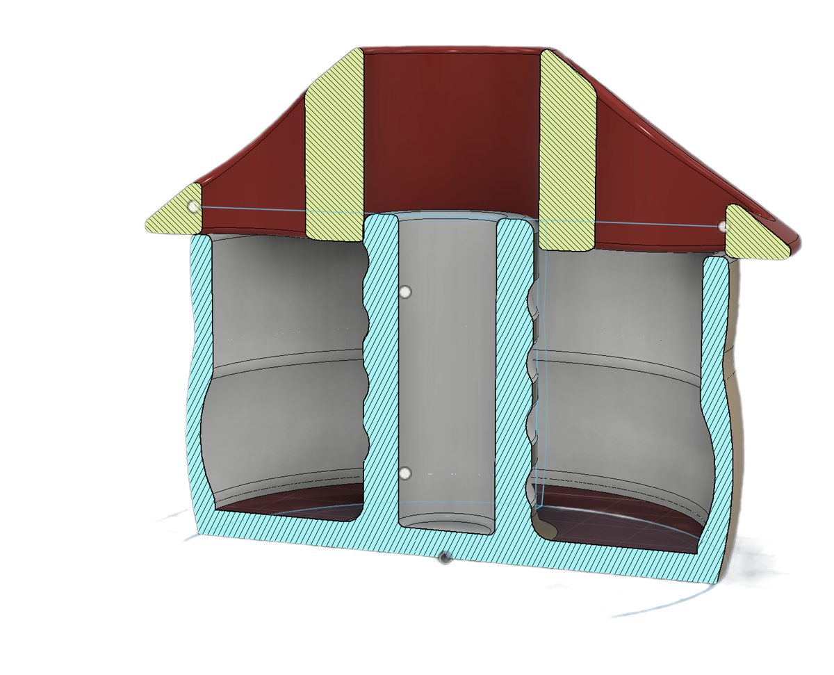 Section view through the desk tidy showing the thin shelled walls and the hollow central column